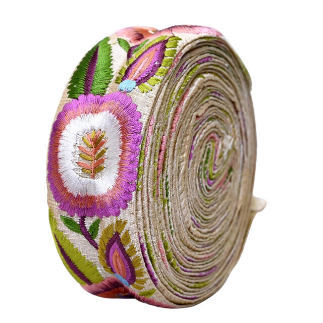 インド刺繍リボン50cm切り売り ボーホーフラワー ピンク 5.0cm幅 花 HC R-0816