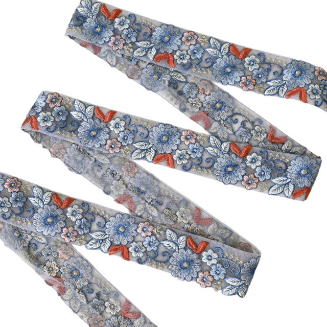 インド刺繍リボン　まとめ売り　花柄　ハンドメイド　資材　チュール インド刺繍リボン50cm切り売り フラワー チュールブルー地 4.0cm幅 花