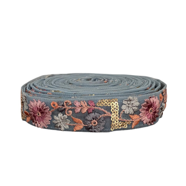 インド刺繍リボン50cm切り売り フラワー チュール ブルー地 2.5cm幅 花 HC HC R-0821