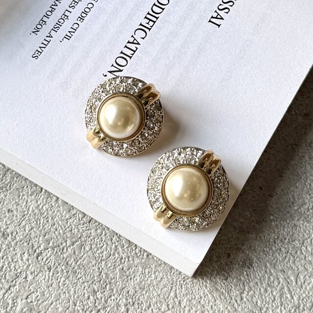 Y1209-ヴィンテージイヤリング U.S.A. 1970〜80's Faux Pearl Rhinestones