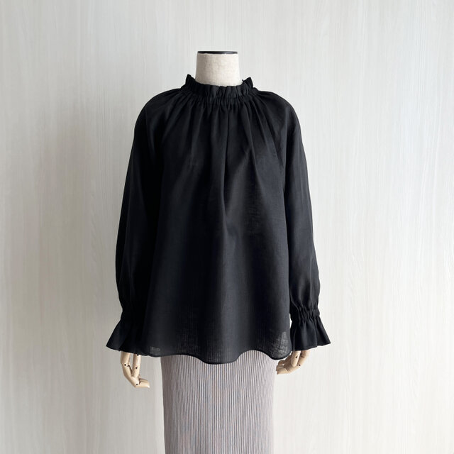 フリルカラーキャンディスリーブ長袖プルオーバー_リネン100%_Black