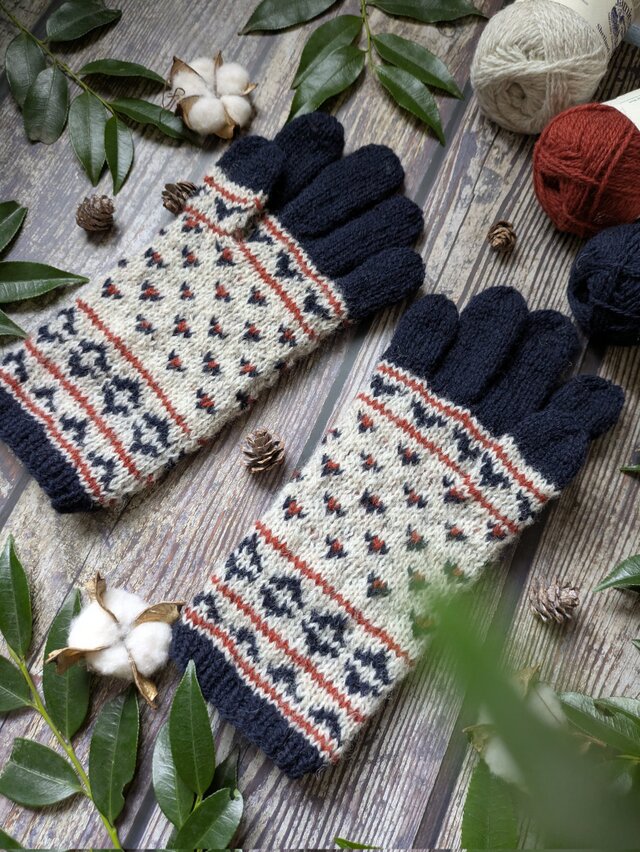 冬の休日〜紺と赤と白の模様編みの５本指手袋