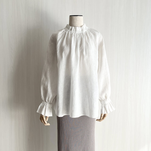 フリルカラーキャンディスリーブ長袖プルオーバー_リネン100%_White