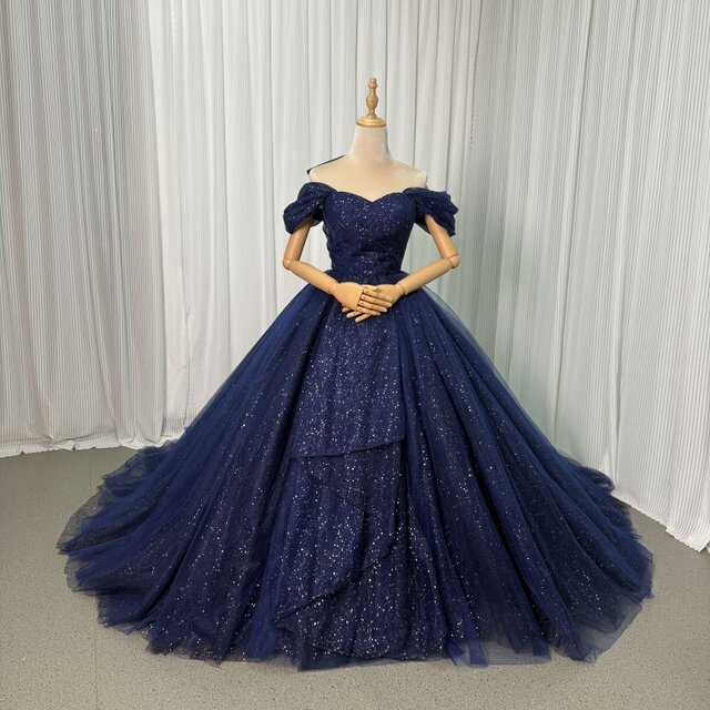 カラードレス ネイビー オフショルダー キラキラチュール フレアスカート 豪華なバックリボン 披露宴