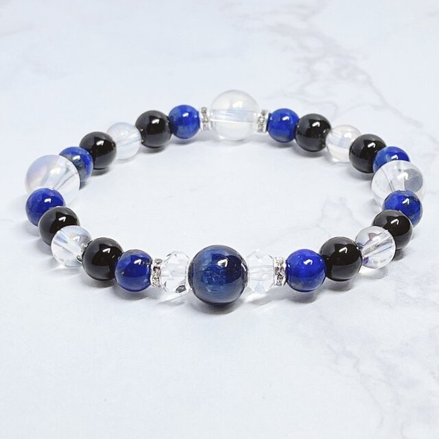 現状打破・理不尽な事から身を守る 天然石ブレスレット｜カイヤナイト・ラピスラズリ・オブシディアン・オーラ水晶 No.828