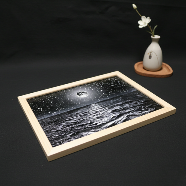 油絵 原画】白黒の満月の海 | 絵画 油彩画 インテリア | iichi 日々の