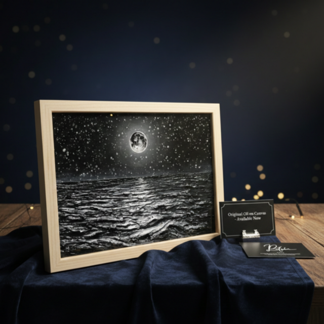 油絵 原画】白黒の満月の海 | 絵画 油彩画 インテリア | iichi 日々の