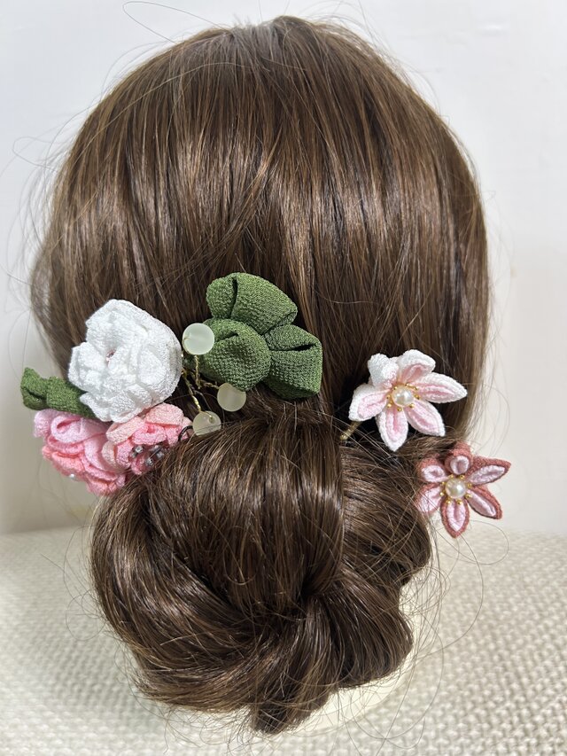 春彩つまみ細工フラワーセット（白椿・桃花） / Spring Tsumami Kanzashi Floral Set