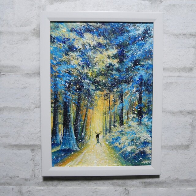 油絵【雪景色の中で雪に立つ鹿】