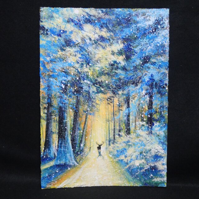 油絵【雪景色の中で雪に立つ鹿】 | iichi 日々の暮らしを心地よくする