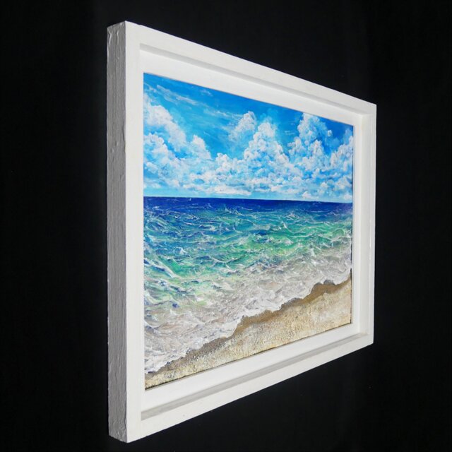 立体3Dアート】夏の砂浜の海 油絵 原画 額付き / 海の絵 壁掛け