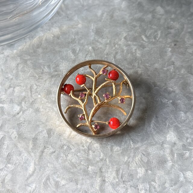 SC143-ヴィンテージブローチ U.S.A.70's Fruit Tree Red Beads Pink Rhinestone