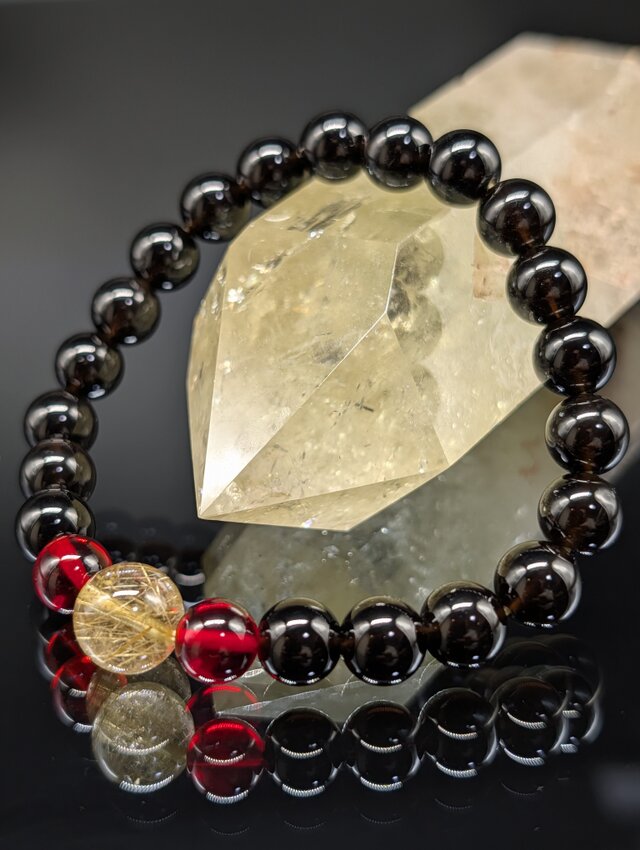 【最強守護・金運・健康】ゴールドルチルクォーツ レッドアンバー モリオン 8mm 親玉10mm ブレスレット