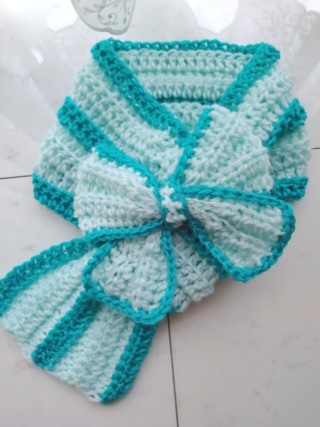 マフラー リボン ループ ショート ミント ブルー 手編み 編み物 編み
