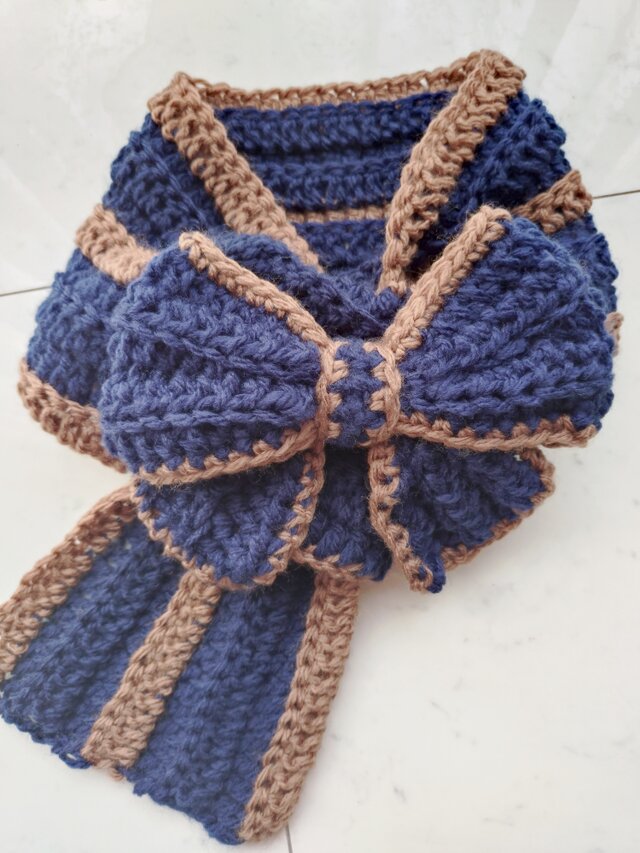 マフラー リボン ショート ループ ネイビー✖ブラウン 手編み 編み物 編み