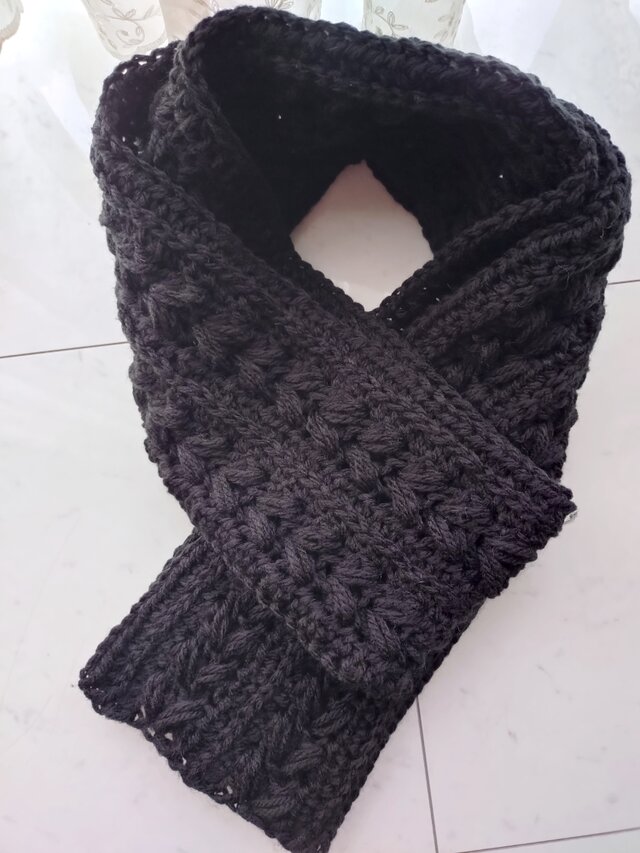 【お客様の声から生まれた】マフラー アラン模様 アラン ハート 柄 模様 手編み 編み物 編み 黒 ブラック