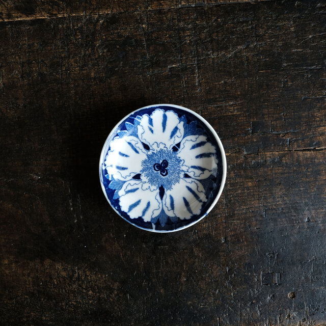 豪快な牡丹◆ベッタリとした色合い。時代物　花文印判小皿　骨董・antiques 器　古民家　古道具　明治期