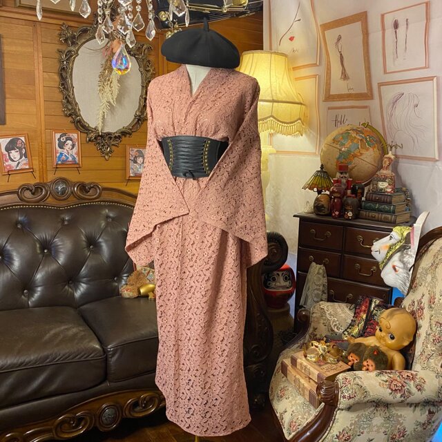 和洋折衷 総レース浴衣 リメイク ロング丈 ワンピース ドレス 和