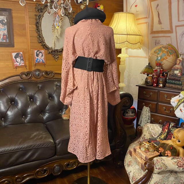 和洋折衷 総レース浴衣 リメイク セミロング丈 ワンピース ドレス 和ロリータ くすみピンク系 LW-2 和洋折衷 総レース浴衣 リメイク セミロング丈 ワンピース ドレス 和
