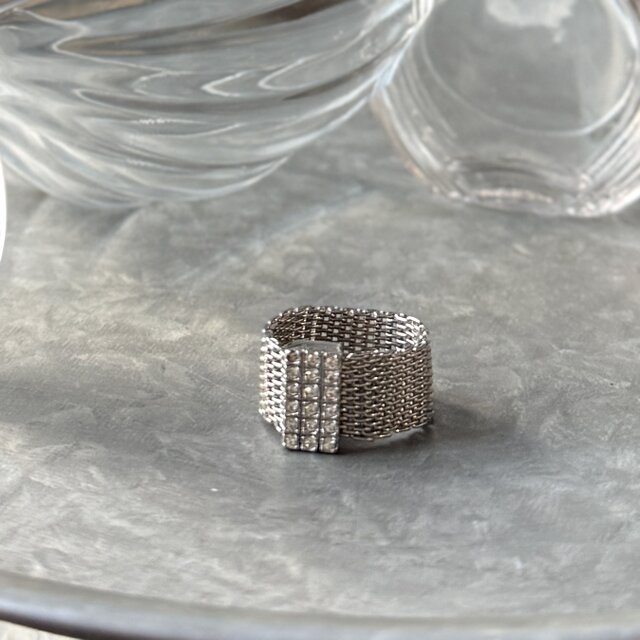 R414-ヴィンテージリング U.S.A. 1970〜80's Clear Rhinestone Silver Mesh