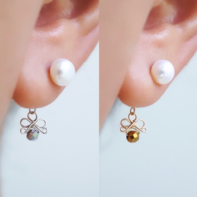 2wayピアス】「小さなリボン」淡水パール ヘマタイト シルバー 