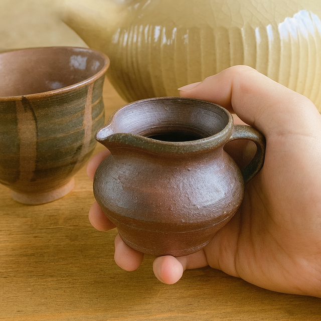｜ミルクピッチャー（焼締自然釉）｜ ミルク・ソース入れ／小さな花入れ｜薪窯焼成・焼締陶器