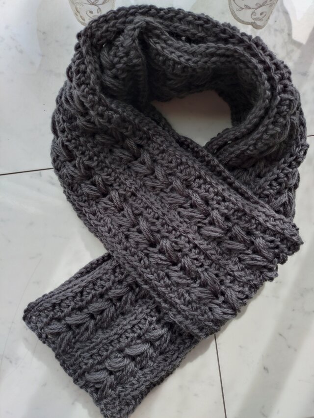 【お客様の声から生まれた】マフラー アラン模様 アラン ハート 柄 模様 グレー 手編み 編み物 編み 男女兼用 ユニセックス