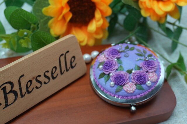 BlesselleCC 刺繍ミラー｜紫ローズとピンク紫陽花の雅やかな手鏡（両面