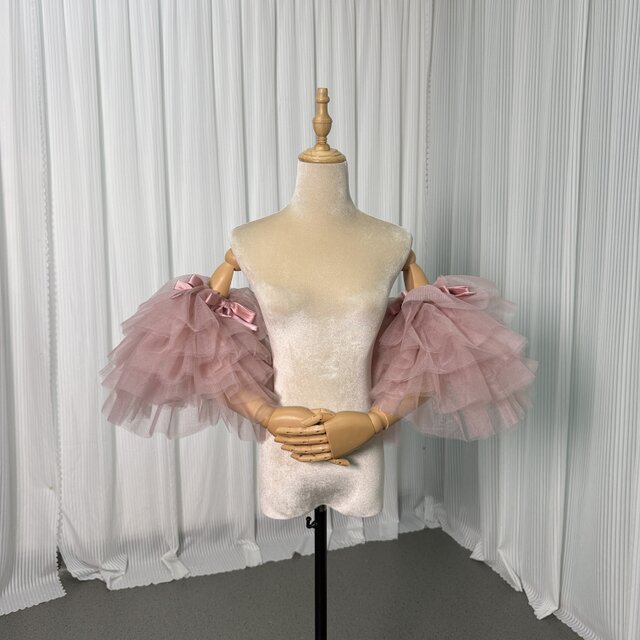 取り外し可能な付け袖 薄ピンク フレア袖 リボン ストレッチ 姫袖 パフスリーブ ソフトチュール 花嫁
