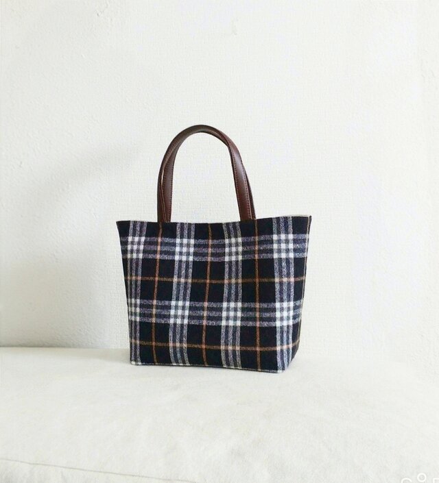 ウールタータンチェックxフェイクレザートートバッグ