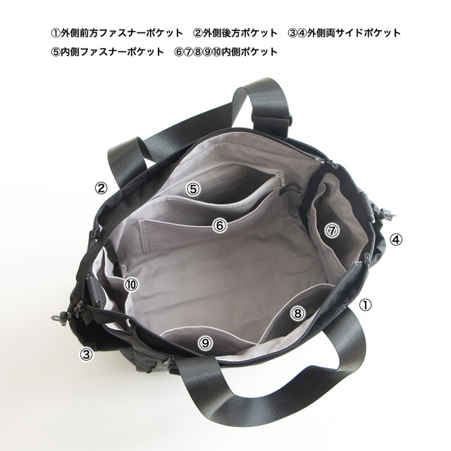 10ポケット3WAYバッグ［Mサイズ］撥水加工ナイロン｜ファスナー付｜斜