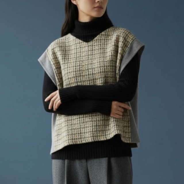 Vネック　ベスト【送料込み】古布リメイク　千鳥格子　グレー