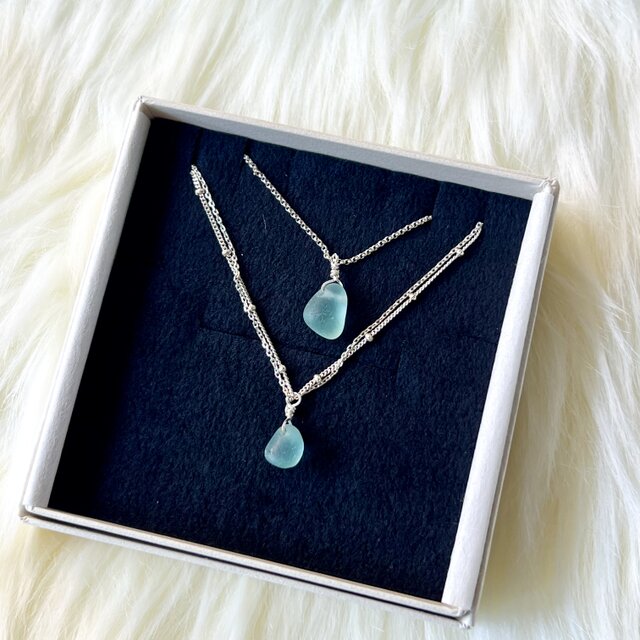 大切な人へ贈り物 ご褒美ジュエリーBOX《Silver925》海色シーグラスビーズのブレスレット･アンクルセット