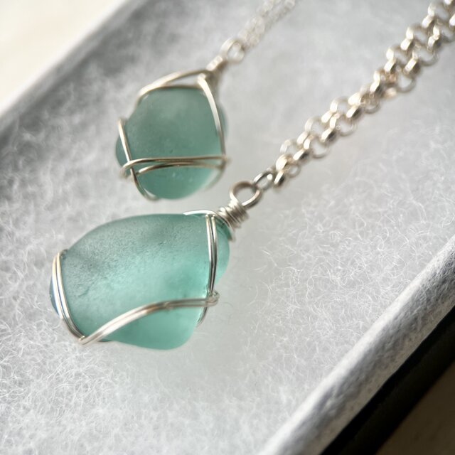 大切な人へ贈り物 ご褒美ジュエリーBOX《Silver925》海色シーグラスのネックレスセット