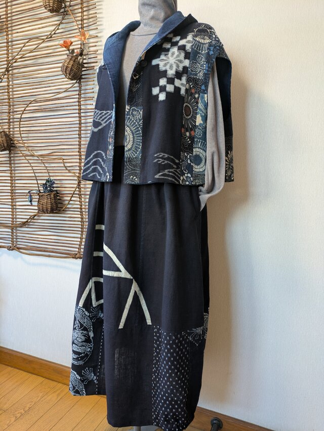 古布リメイク ミニフード リバーシブルゆったり幅ベスト 藍染 襤褸