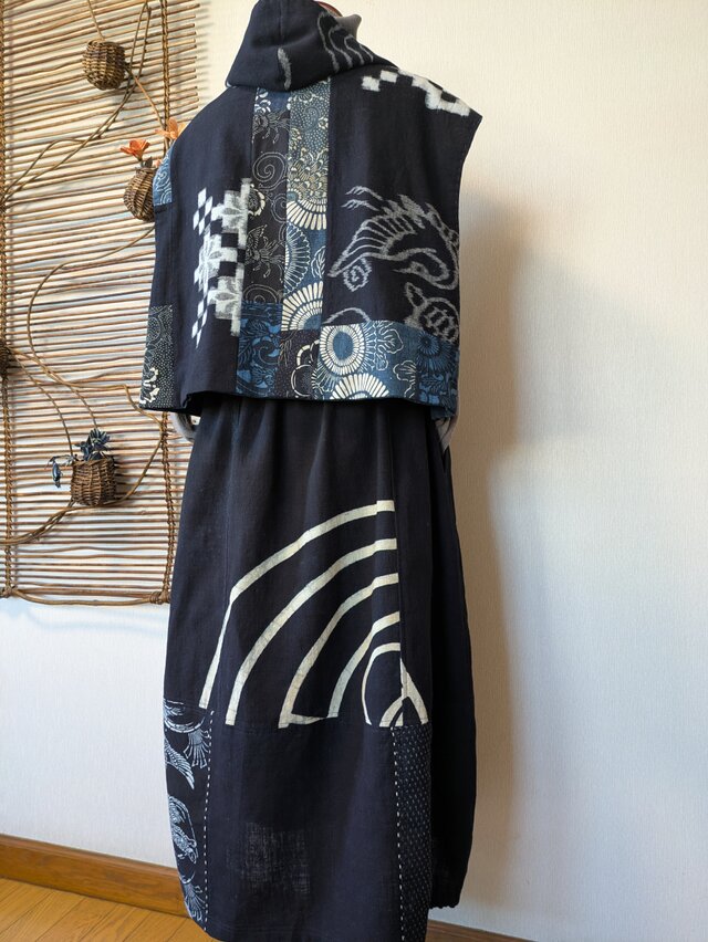 古布リメイク ミニフード リバーシブルゆったり幅ベスト 藍染 襤褸