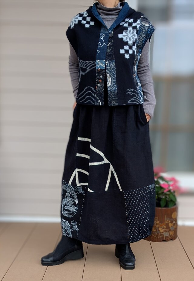 丹後ちりめん♥ミニベスト 古布リメイク 大島紬アレンジ 着物リメイク