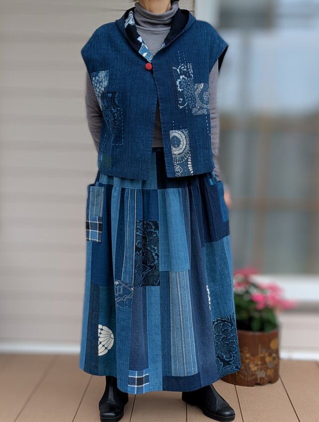 古布ベスト　着物リメイク 着物リメイク 古布手作り 前掛け ベスト 前ファスナー 男女兼用
