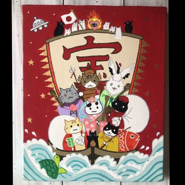「宝船の猫七福神」Ｆ3サイズ アート作品 原画  徳島洋子作品  アクリル画