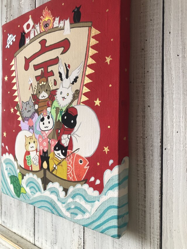 美術逸品　　家紋入り七福神 尾九 刺青画 七福神 布袋さま 双龍 笑門来福 A4サイズ フレーム付き