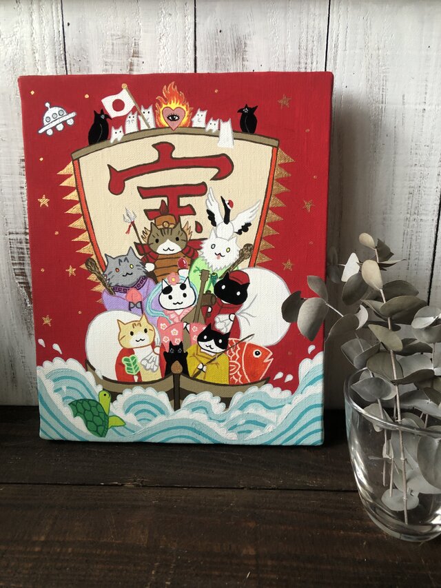 宝船の猫七福神」F3サイズ アート作品 原画 徳島洋子作品 アクリル画