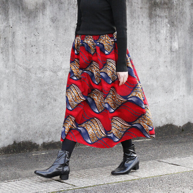 【受注制作】アフリカ布のギャザースカート（ ウェーブ ）アフリカンプリント アフリカンファブリック