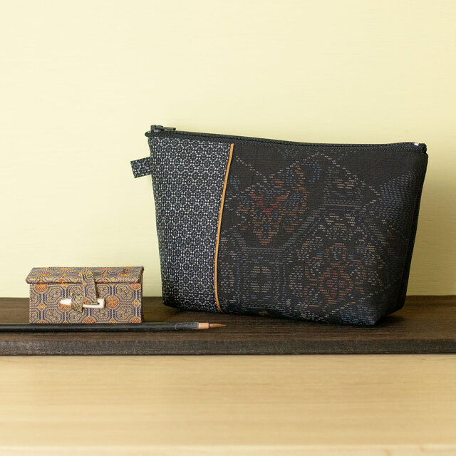 B-105大島紬切り替えポーチ/男大島×金茶ライン色大島