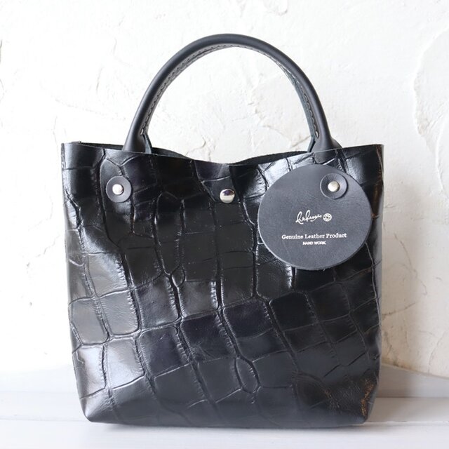 光沢クロコ型押しの本革ミニトート男女兼用 定番  兼用 ハンドメイド12134