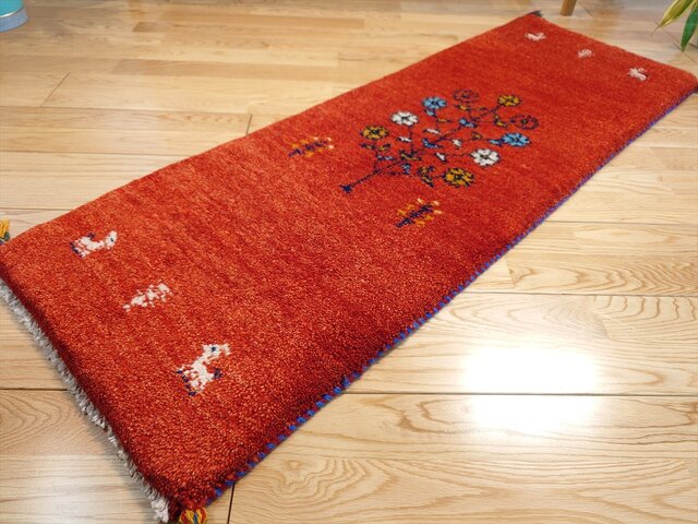 ペルシャ ギャッベ ミニランナー ラグ 116x40cm 茜色 花 ヤギ 羊