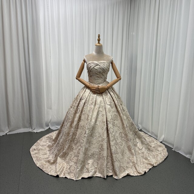 カラードレス シャンパン色 ジャガード生地 ベアトップ プリンセス