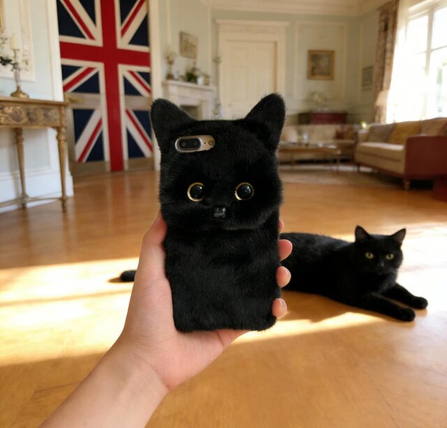 黒猫 ふわふわ立体スマホケース｜iPhone17/16・Galaxy・Pixel 全機種