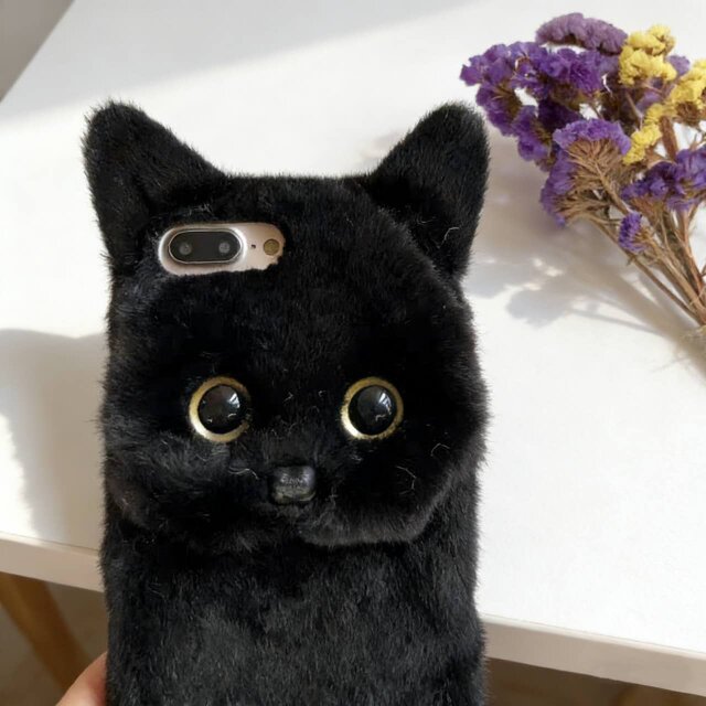 黒猫 ふわふわ立体スマホケース｜iPhone17/16・Galaxy・Pixel 全機種