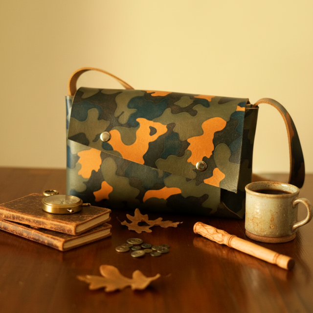 デッドストック植物タンニンなめし革栃木レザー 迷彩プリント ステッチレス・3区画ポシェット（ダブルアクセス）