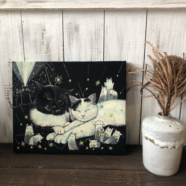 絵画。原画☆キャンバスF6【猫ちゃんはソファーに座って美しい星空を楽しんでいる】 星を降らせる魔法」F3サイズ アート作品 原画 徳島洋子作品 アクリル